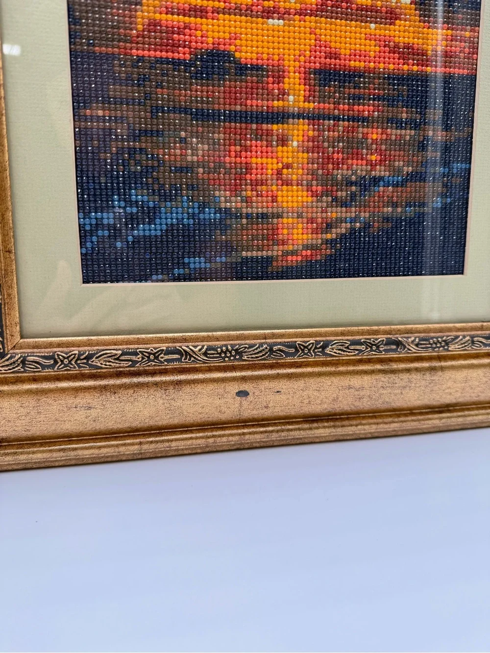 Framed Diamond Art Sunset Landscape Ornate Gold Frame Beaded Wall Decor